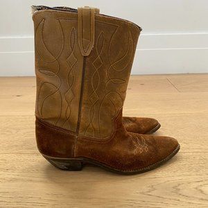 Vintage Western Mid-Calf Suede Leather Embossed Stitched Boots